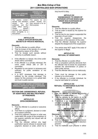 San Beda College of Law
2011 CENTRALIZED BAR OPERATIONS
131
Revelation of Secrets
by an Officer
Infidelity in the
Custody of
Document/Papers by
Removing the Same
The papers contain
secrets and therefore
should not be
published, and the
public officer having
charge thereof
removes and delivers
them wrongfully to a
third person.
The papers do not
contain secrets but
their removal is for an
illicit purpose.
ARTICLE 230
PUBLIC OFFICER REVEALING
SECRETS OF PRIVATE INDIVIDUAL
Elements:
1. That the offender is a public officer;
2. That he knows of the secrets of a private
individual by reason of his office;
3. That he reveals such secrets without
authority or justifiable reason.
 If the offender is a lawyer, the crime under
Article 209 is committed.
 If the offender is a private individual, the
crime under Article 290 or 291 is
committed.
 Revelation to one person is necessary and
sufficient, for public revelation is not
required.
 It is NOT necessary that damage is
suffered by the private individual. The
reason for this provision is to uphold faith
and trust in public service.
CHAPTER SIX: OTHER OFFENSES OR
IRREGULARITIES BY PUBLIC OFFICERS
(ARTS. 231-245)
SECTION ONE: DISOBEDIENCE, REFUSAL
OF ASSISTANCE AND MALTREATMENT
OF PRISONERS
ARTICLE 231
OPEN DISOBEDIENCE
Elements:
1. That the offender is a judicial or executive
officer;
2. That there is a judgment, decision or order
of a superior authority;
3. That such judgment, decision or order was
made within the scope of the jurisdiction of
the superior authority and issued with all
legal formalities;
4. That the offender without any legal
justification openly refuses to execute said
judgment, decision or order, which he is
duty bound to obey.
ARTICLE 232
DISOBEDIENCE TO ORDER OF
SUPERIOR OFFICER WHEN SAID
ORDER WAS SUSPENDED BY
INFERIOR OFFICER
Elements:
1. That the offender is a public officer;
2. That an order is issued by his superior for
execution;
3. That he has for any reason suspended the
execution of such order;
4. That his superior disapproves the
suspension of the execution of the order;
5. That the offender disobeys his superior
despite the disapproval of the suspension.
 This article does NOT apply if the order of
the superior is illegal.
ARTICLE 233
REFUSAL OF ASSISTANCE
Elements:
1. That the offender is a public officer.
2. That a competent authority demands from
the offender that he lends his cooperation
towards the administration of justice or
other public service.
3. That the offender fails to do so maliciously.
 There must be damage to the public
interest or to a third party.
 If the offender is a private individual, he
may be held liable for contempt.
ARTICLE 234
REFUSAL TO DISCHARGE ELECTIVE
OFFICE
Elements:
1. That the offender is elected by popular
election to a public office;
2. That he refuses to be sworn in or to
discharge the duties of said office; and
3. That there is no legal motive for such
refusal to be sworn in or to discharge the
duties of said office.
ARTICLE 235
MALTREATMENT OF PRISONERS
Elements:
1. That the offender is a public officer or
employee;
2. That he has under his charge a prisoner
convicted by final judgment or a detention
prisoner;
3. That he maltreats such prisoner in either
 