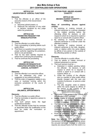 San Beda College of Law
2011 CENTRALIZED BAR OPERATIONS
133
ARTICLE 241
USURPATION OF JUDICIAL FUNCTIONS
Elements:
1. That the offender is an officer of the
executive branch of the Government;
2. That he:
a. Assumes judicial powers; or
b. Obstructs the execution of any order
or decision rendered by any judge
within his jurisdiction.
ARTICLE 242
DISOBEYING REQUEST FOR
DISQUALIFICATION
Elements:
1. That the offender is a public officer;
2. That a proceeding is pending before such
public officer;
3. That there is a question brought before the
proper authority regarding his jurisdiction,
which is not yet decided;
4. That he has been lawfully required to
refrain from continuing the proceeding;
5. That he continues the proceeding.
ARTICLE 243
ORDERS OR REQUESTS BY
EXECUTIVE OFFICERS TO ANY
JUDICIAL AUTHORITY
Elements:
1. That the offender is an executive officer;
2. That he addresses any order or
suggestion to any judicial authority;
3. That the order or suggestion relates to any
case or business coming within the
exclusive jurisdiction of the courts of
justice.
ARTICLE 244
UNLAWFUL APPOINTMENTS
Elements:
1. That the offender is a public officer;
2. That he nominates or appoints a person to
a public office;
3. That such person lacks the legal
qualifications therefor;
4. That the offender knows that his nominee
or appointee lacks the qualification at the
time he made the nomination or
appointment.
SECTION FOUR: ABUSES AGAINST
CHASTITY
ARTICLE 245
ABUSES AGAINST CHASTITY –
PENALTIES
Ways of committing abuses against
chastity:
1. By soliciting or making immoral or
indecent advances to a woman interested
in the matters pending before the
offending officer for decision, or with
respect to which he is required to submit a
report to or consult with a superior officer.
2. By soliciting or making immoral or
indecent advances to a woman under the
offender’s custody.
3. By soliciting or making immoral or
indecent advances to the wife, daughter,
sister or relative within the same degree
by affinity of any person in the custody of
the offending warden or officer.
Elements:
1. That the offender is a public officer;
2. That he solicits or makes immoral or
indecent advances to a woman;
3. That such woman must be —
a. Interested in matters pending before
the offender for decision, or with
respect to which he is required to
submit a report to or consult with a
superior officer; or
b. Under the custody of the offender
who is a warden or other public officer
directly charged with the care and
custody of prisoners or persons under
arrest; or
c. The wife, daughter, sister or relative
within the same degree by affinity of
the person in the custody of the
offender.
 The mother of the person in the custody of
the offender is NOT included.
 Solicit means to propose earnestly and
persistently something unchaste and
immoral to a woman.
 This crime is consummated by mere
proposal. If the offender succeeds in
committing a crime against chastity, the
solicitation and advances are considered
merely as preparatory acts.
 Proof of solicitation is NOT necessary
when there is sexual intercourse.
Note: See also RA 7877, the “Anti-Sexual
Harrassment Act of 1995” which applies where
the accused demands, requests or otherwise
requires any sexual favors from the victim in a
 