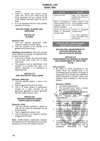 CRIMINAL LAW
BOOK TWO
148
motives.
 Father or mother may commit crimes
under Arts. 270 & 271- where they are
living separately and the custody of the
minor children has been given to one of
them
 It is not necessary that the minor actually
abandons the home.
SECTION THREE: SLAVERY AND
SERVITUDE
ARTICLE 272
SLAVERY
Elements: (PE)
1. That the offender purchases, sells,
kidnaps or detains a human being;
2. That the purpose of the offender is to
enslave such human being.
Qualifying circumstance: When the purpose
of the offender is to assign the offended party
to some immoral traffic.
 If the victim is female, the crime committed
may be that under Article 341 or white
slave trade.
 The purpose must be determined, if the
purpose is to enslave the victim, it is
slavery; otherwise, it is kidnapping or
illegal detention.
ARTICLE 273
EXPLOITATION OF CHILD LABOR
Elements: (RAR-age)
1. That the offender retains a minor in his
service;
2. That it is against the will of the minor;
3. That it is under pretext of reimbursing
himself of a debt incurred by an
ascendant, guardian or person entrusted
with the custody of such minor.
ARTICLE 274
SERVICES RENDERED UNDER
COMPULSION IN PAYMENT
Elements: (CAP)
1. That the offender compels a debtor to
work for him, either as household servant
or farm laborer;
2. That it is against the debtor’s will;
3. That the purpose is to require or enforce
the payment of a debt.
Note: Creditor-Debtor relationship between
the offender and the offended party must exist,
otherwise, the crime committed is coercion.
Art. 273 Art. 274
Victim is a minor Does not distinguish
whether the victim is a
minor or not
Minor is compelled to
render services for the
supposed debt of his
parent or guardian.
Debtor himself is the
one compelled to work
for the offender.
Service of minor is not
limited to household
and farm work.
Limited to household
and farm work.
If in other capacities,
crime committed may
be coercion.
CHAPTER TWO: CRIMES AGAINST
SECURITY (ARTS. 275-289)
SECTION ONE: ABANDONMENT OF
HELPLESS PERSONS AND
EXPLOITATION OF MINORS
ARTICLE 275
ABANDONMENT OF PERSONS IN DANGER
AND ABANDONMENT OF ONE’S OWN
VICTIM
Acts punished:
1. By failing to render assistance to any
person whom the offender finds in an
uninhabited place wounded or in danger of
dying when he can render such assistance
without detriment to himself, unless such
omission shall constitute a more serious
offense.
Elements: (UWOF)
a. The place is uninhabited;
b. The accused found there a person
wounded or in danger of dying;
c. The accused can render assistance
without detriment to himself;
d. The accused fails to render
assistance.
2. By failing to help or render assistance to
another whom the offender has
accidentally wounded or injured.
3. By failing to deliver a child under seven
years of age whom the offender has found
abandoned, to the authorities or to his
family, or by failing to take him to a safe
place.
 “Uninhabited place” is determined by
possibility of person receiving assistance
from another. The place may still be
considered uninhabited in legal
 