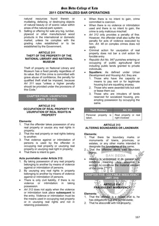San Beda College of Law
2011 CENTRALIZED BAR OPERATIONS
167
natural resources found therein or
mutilating, defacing, or destroying objects
of natural beauty or of scenic value within
areas of the natural park system;
5. Selling or offering for sale any log, lumber,
plywood or other manufactured wood
products in the international or domestic
market, unless he complies with the
grading rules established or to be
established by the Government.
ARTICLE 311
THEFT OF THE PROPERTY OF THE
NATIONAL LIBRARY AND NATIONAL
MUSEUM
Theft of property on National Library and
Museum has a fixed penalty regardless of
its value. But if the crime is committed with
grave abuse of confidence, the penalty for
qualified theft shall be imposed, because
Art 311 says “unless a higher penalty
should be provided under the provisions of
this Code.”
CHAPTER FOUR: USURPATION
(ARTS. 312-313)
ARTICLE 312
OCCUPATION OF REAL PROPERTY OR
USURPATION OF REAL RIGHTS IN
PROPERTY
Elements:
1. That the offender takes possession of any
real property or usurps any real rights in
property;
2. That the real property or real rights belong
to another;
3. That violence against or intimidation of
persons is used by the offender in
occupying real property or usurping real
property or usurping real right in property;
4. That there is intent to gain.
Acts punishable under Article 312:
1. By taking possession of any real property
belonging to another by means of violence
against or intimidation of persons.
2. By usurping any real rights in property
belonging to another by means of violence
against or intimidation of persons.
 There is only civil liability, if there is no
violence or intimidation in taking
possession.
 Art 312 does not apply when the violence
or intimidation took place subsequent to
the entry. Violence or intimidation must be
the means used in occupying real property
or in usurping real rights and not in
retaining possession.
 When there is no intent to gain, crime
committed is coercion.
 When there is no violence or intimidation
used and there is no intent to gain, the
crime is only malicious mischief.
 Art 312 only provides a penalty of fine.
However, the offender shall also suffer the
penalty for acts of violence executed by
him. Art. 48 on complex crimes does not
apply.
 Criminal action for usurpation of real
property does not bar a civil action for
forcible entry
 Republic Act No. 947 punishes entering or
occupying of public agricultural land
including public lands granted to private
individuals.
 Squatters: As defined under Urban
Development and Housing Act, they are:
1. Those who have the capacity or
means to pay rent or for legitimate
housing but are squatting anyway.
2. Those who were awarded lots but sold
or lease them out.
3. Those who are intruders of lands
reserved for socialized housing, pre-
empting possession by occupying the
same.
Theft /Robbery Art. 312
Personal property is
taken.
Real property or real
right involved
ARTICLE 313
ALTERING BOUNDARIES OR LANDMARK
Elements:
1. That there be boundary marks or
monuments of towns, provinces, or
estates, or any other marks intended to
designate the boundaries of the same;
2. That the offender alters said boundary
marks.
 Altering is understood in its general and
indefinite meaning. Any alteration is
enough to constitute the material element
of the crime.
CHAPTER FIVE: CULPABLE INSOLVENCY
(ART. 314)
ARTICLE 314
FRAUDULENT INSOLVENCY
Elements:
1. That the offender is a debtor, that is, he
has obligations due and demandable;
2. That he absconds with his property;
 