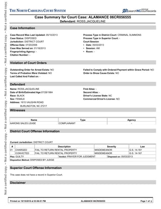 Notacertifiedcopy.~Notacertifiedcopy.~Notacertifiedcopy.~Notacertifiedcopy.~Notacertifiedcopy.~Notacertifiedcopy.
Case Summary for Court Case: ALAMANCE 06CR056555
Defendant: ROSS,JACQUELINE
Case Information
Case Record Was Last Updated: 05/10/2013 Process Type in District Court: CRIMINAL SUMMONS
Case Status: DISPOSED Process Type in Superior Court: -
Jurisdiction: DISTRICT COURT Court Session
Offense Date: 07/20/2006 • Date: 05/03/2013
Case Was Served on: 01/18/2013 • Session: AM
Fingerprinting Agency: - • Room: -
Citation Number: -
Violation of Court Orders
Outstanding Order for Arrest Exists: NO Failed to Comply with Ordered Payment within Grace Period: NO
Terms of Probation Were Violated: NO Order to Show Cause Exists: NO
Last Called And Failed on: -
Defendant
Name: ROSS,JACQUELINE First Alias: -
Date of Birth/Estimated Age:07/28/1964 Second Alias: -
Race: BLACK Driver's License State: NC
Sex: FEMALE Commercial Driver's License: NO
Address: 1615 VAUGHN ROAD
BURLINGTON, NC 27217
Witnesses
Name Type Agency
AARONS SALES LEASE COMPLAINANT -
District Court Offense Information
Current Jurisdiction: DISTRICT COURT
# Description Severity Law
01 CHARGED FAIL TO RETURN RENTAL PROPERTY MISDEMEANOR G.S. 14-167
CONVICTED FAIL TO RETURN RENTAL PROPERTY MISDEMEANOR G.S. 14-167
Plea: GUILTY Verdict: PRAYER FOR JUDGMENT Disposed on: 05/03/2013
Disposition Method: DISPOSED BY JUDGE
Superior Court Offense Information
This case does not have a record in Superior Court.
Disclaimer
Printed on 10/15/2018 at 03:06:01 PM ALAMANCE 06CR056555 Page 1 of 2
 