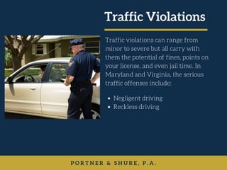 Traffic Violations
Traffic violations can range from
minor to severe but all carry with
them the potential of fines, point...