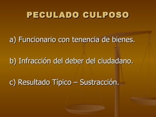 PECULADO CULPOSO


a) Funcionario con tenencia de bienes.

b) Infracción del deber del ciudadano.

c) Resultado Típico – Sustracción.
 