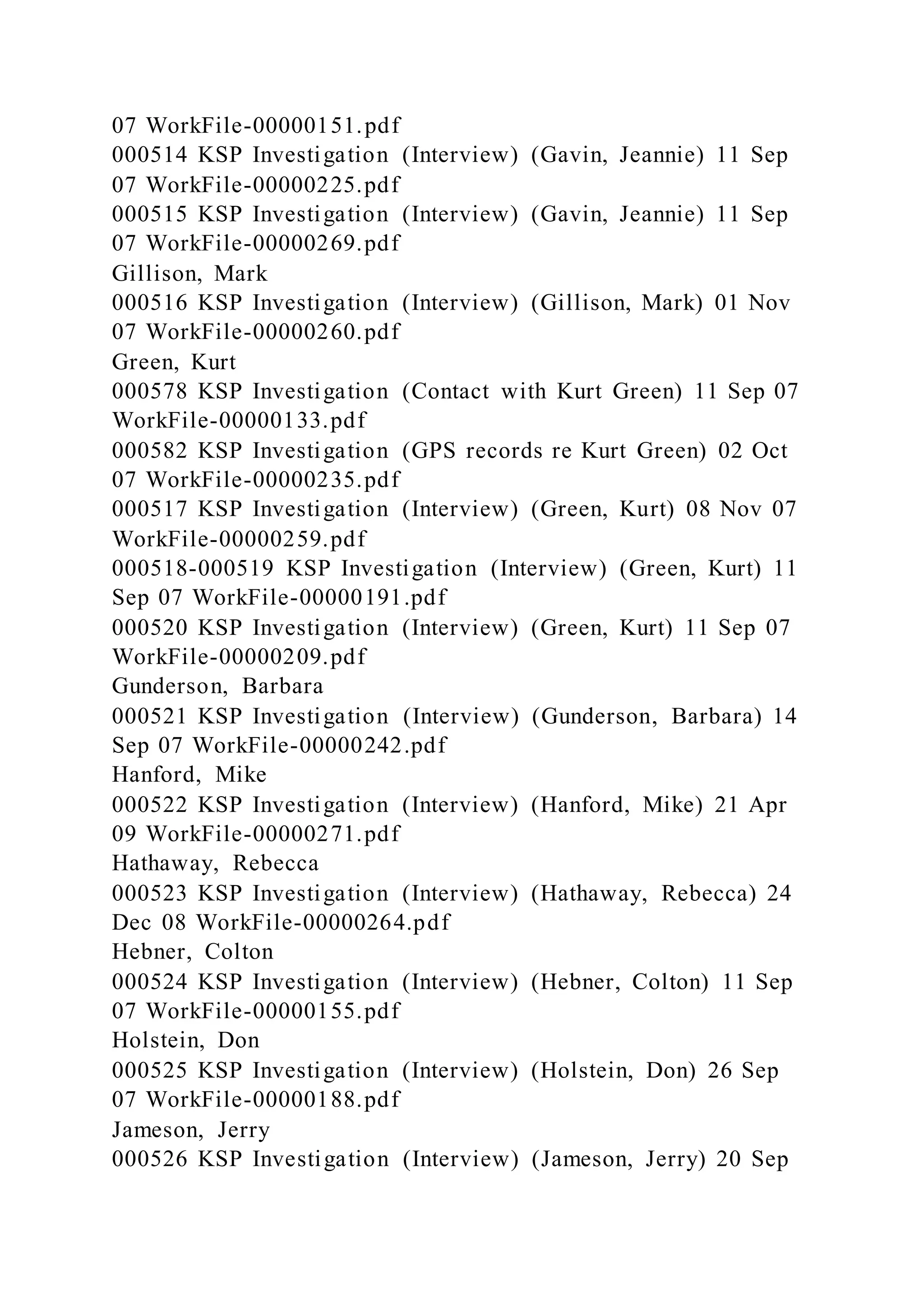 07 WorkFile-00000151.pdf
000514 KSP Investigation (Interview) (Gavin, Jeannie) 11 Sep
07 WorkFile-00000225.pdf
000515 KSP Investigation (Interview) (Gavin, Jeannie) 11 Sep
07 WorkFile-00000269.pdf
Gillison, Mark
000516 KSP Investigation (Interview) (Gillison, Mark) 01 Nov
07 WorkFile-00000260.pdf
Green, Kurt
000578 KSP Investigation (Contact with Kurt Green) 11 Sep 07
WorkFile-00000133.pdf
000582 KSP Investigation (GPS records re Kurt Green) 02 Oct
07 WorkFile-00000235.pdf
000517 KSP Investigation (Interview) (Green, Kurt) 08 Nov 07
WorkFile-00000259.pdf
000518-000519 KSP Investigation (Interview) (Green, Kurt) 11
Sep 07 WorkFile-00000191.pdf
000520 KSP Investigation (Interview) (Green, Kurt) 11 Sep 07
WorkFile-00000209.pdf
Gunderson, Barbara
000521 KSP Investigation (Interview) (Gunderson, Barbara) 14
Sep 07 WorkFile-00000242.pdf
Hanford, Mike
000522 KSP Investigation (Interview) (Hanford, Mike) 21 Apr
09 WorkFile-00000271.pdf
Hathaway, Rebecca
000523 KSP Investigation (Interview) (Hathaway, Rebecca) 24
Dec 08 WorkFile-00000264.pdf
Hebner, Colton
000524 KSP Investigation (Interview) (Hebner, Colton) 11 Sep
07 WorkFile-00000155.pdf
Holstein, Don
000525 KSP Investigation (Interview) (Holstein, Don) 26 Sep
07 WorkFile-00000188.pdf
Jameson, Jerry
000526 KSP Investigation (Interview) (Jameson, Jerry) 20 Sep
 