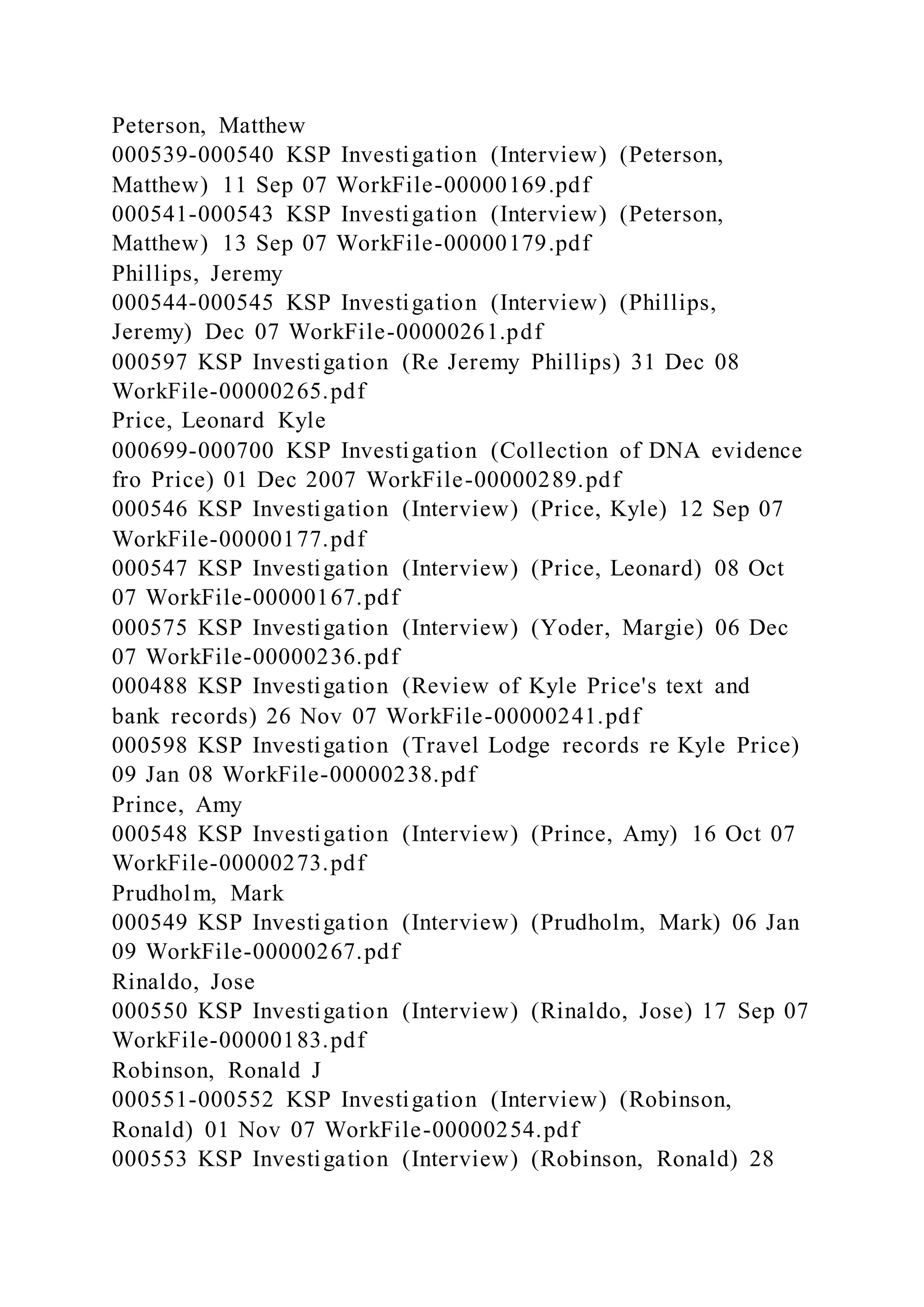 Peterson, Matthew
000539-000540 KSP Investigation (Interview) (Peterson,
Matthew) 11 Sep 07 WorkFile-00000169.pdf
000541-000543 KSP Investigation (Interview) (Peterson,
Matthew) 13 Sep 07 WorkFile-00000179.pdf
Phillips, Jeremy
000544-000545 KSP Investigation (Interview) (Phillips,
Jeremy) Dec 07 WorkFile-00000261.pdf
000597 KSP Investigation (Re Jeremy Phillips) 31 Dec 08
WorkFile-00000265.pdf
Price, Leonard Kyle
000699-000700 KSP Investigation (Collection of DNA evidence
fro Price) 01 Dec 2007 WorkFile-00000289.pdf
000546 KSP Investigation (Interview) (Price, Kyle) 12 Sep 07
WorkFile-00000177.pdf
000547 KSP Investigation (Interview) (Price, Leonard) 08 Oct
07 WorkFile-00000167.pdf
000575 KSP Investigation (Interview) (Yoder, Margie) 06 Dec
07 WorkFile-00000236.pdf
000488 KSP Investigation (Review of Kyle Price's text and
bank records) 26 Nov 07 WorkFile-00000241.pdf
000598 KSP Investigation (Travel Lodge records re Kyle Price)
09 Jan 08 WorkFile-00000238.pdf
Prince, Amy
000548 KSP Investigation (Interview) (Prince, Amy) 16 Oct 07
WorkFile-00000273.pdf
Prudholm, Mark
000549 KSP Investigation (Interview) (Prudholm, Mark) 06 Jan
09 WorkFile-00000267.pdf
Rinaldo, Jose
000550 KSP Investigation (Interview) (Rinaldo, Jose) 17 Sep 07
WorkFile-00000183.pdf
Robinson, Ronald J
000551-000552 KSP Investigation (Interview) (Robinson,
Ronald) 01 Nov 07 WorkFile-00000254.pdf
000553 KSP Investigation (Interview) (Robinson, Ronald) 28
 