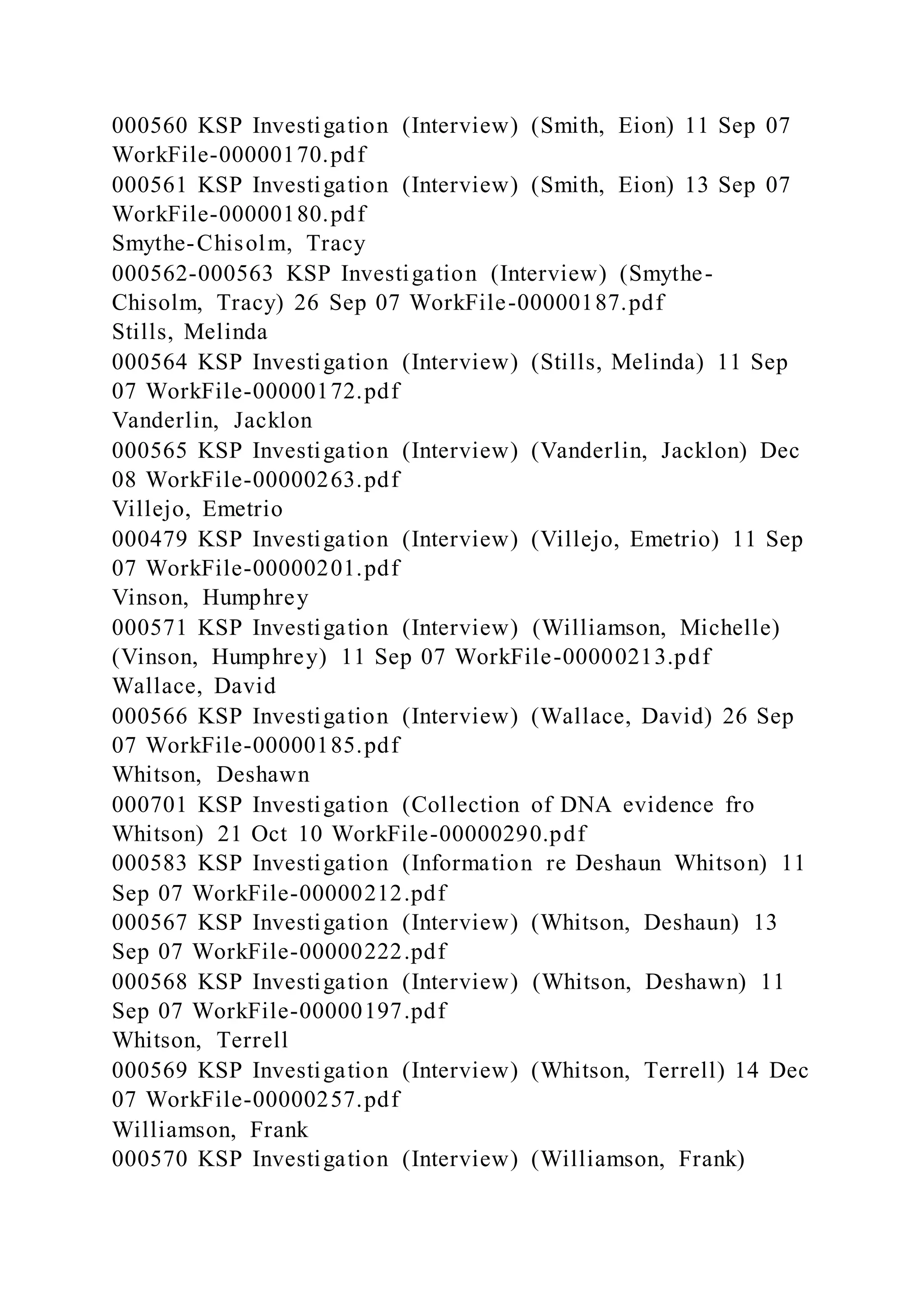 000560 KSP Investigation (Interview) (Smith, Eion) 11 Sep 07
WorkFile-00000170.pdf
000561 KSP Investigation (Interview) (Smith, Eion) 13 Sep 07
WorkFile-00000180.pdf
Smythe-Chisolm, Tracy
000562-000563 KSP Investigation (Interview) (Smythe-
Chisolm, Tracy) 26 Sep 07 WorkFile-00000187.pdf
Stills, Melinda
000564 KSP Investigation (Interview) (Stills, Melinda) 11 Sep
07 WorkFile-00000172.pdf
Vanderlin, Jacklon
000565 KSP Investigation (Interview) (Vanderlin, Jacklon) Dec
08 WorkFile-00000263.pdf
Villejo, Emetrio
000479 KSP Investigation (Interview) (Villejo, Emetrio) 11 Sep
07 WorkFile-00000201.pdf
Vinson, Humphrey
000571 KSP Investigation (Interview) (Williamson, Michelle)
(Vinson, Humphrey) 11 Sep 07 WorkFile-00000213.pdf
Wallace, David
000566 KSP Investigation (Interview) (Wallace, David) 26 Sep
07 WorkFile-00000185.pdf
Whitson, Deshawn
000701 KSP Investigation (Collection of DNA evidence fro
Whitson) 21 Oct 10 WorkFile-00000290.pdf
000583 KSP Investigation (Information re Deshaun Whitson) 11
Sep 07 WorkFile-00000212.pdf
000567 KSP Investigation (Interview) (Whitson, Deshaun) 13
Sep 07 WorkFile-00000222.pdf
000568 KSP Investigation (Interview) (Whitson, Deshawn) 11
Sep 07 WorkFile-00000197.pdf
Whitson, Terrell
000569 KSP Investigation (Interview) (Whitson, Terrell) 14 Dec
07 WorkFile-00000257.pdf
Williamson, Frank
000570 KSP Investigation (Interview) (Williamson, Frank)
 