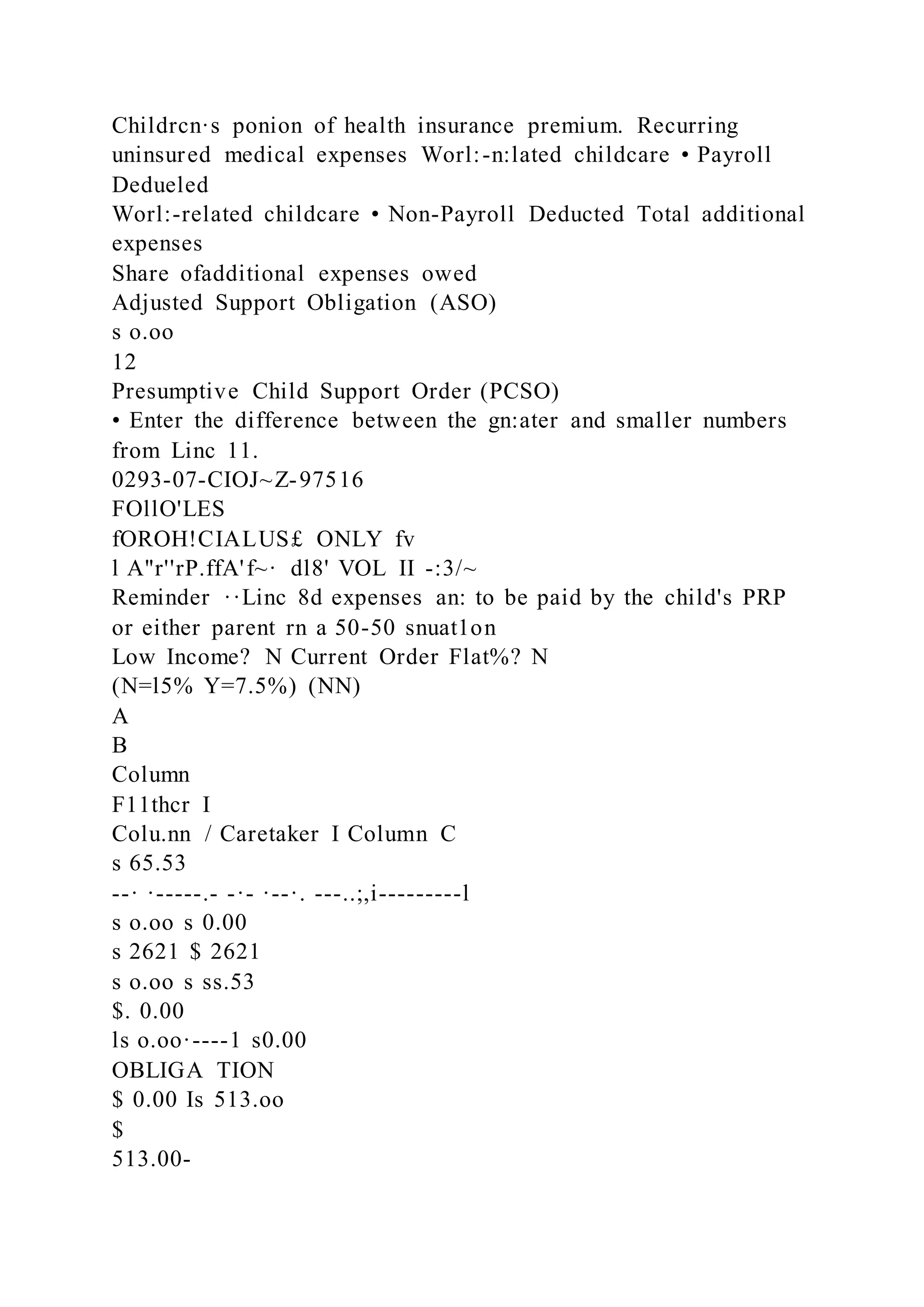 Childrcn·s ponion of health insurance premium. Recurring
uninsured medical expenses Worl:-n:lated childcare • Payroll
Dedueled
Worl:-related childcare • Non-Payroll Deducted Total additional
expenses
Share ofadditional expenses owed
Adjusted Support Obligation (ASO)
s o.oo
12
Presumptive Child Support Order (PCSO)
• Enter the difference between the gn:ater and smaller numbers
from Linc 11.
0293-07-CIOJ~Z-97516
FOllO'LES
fOROH!CIALUS£ ONLY fv
l A"r''rP.ffA'f~· dl8' VOL II -:3/~
Reminder ··Linc 8d expenses an: to be paid by the child's PRP
or either parent rn a 50-50 snuat1on
Low Income? N Current Order Flat%? N
(N=l5% Y=7.5%) (NN)
A
B
Column
F11thcr I
Colu.nn / Caretaker I Column C
s 65.53
--· ·-----.- -·- ·--·. ---..;,i---------l
s o.oo s 0.00
s 2621 $ 2621
s o.oo s ss.53
$. 0.00
ls o.oo·----1 s0.00
OBLIGA TION
$ 0.00 Is 513.oo
$
513.00-
 