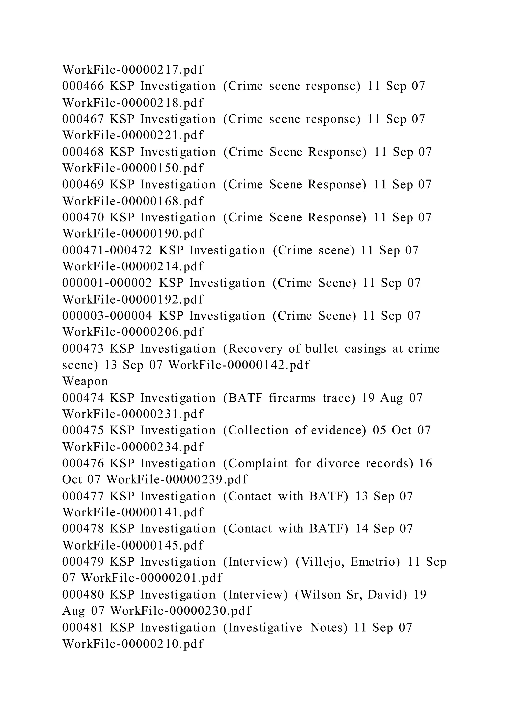 WorkFile-00000217.pdf
000466 KSP Investigation (Crime scene response) 11 Sep 07
WorkFile-00000218.pdf
000467 KSP Investigation (Crime scene response) 11 Sep 07
WorkFile-00000221.pdf
000468 KSP Investigation (Crime Scene Response) 11 Sep 07
WorkFile-00000150.pdf
000469 KSP Investigation (Crime Scene Response) 11 Sep 07
WorkFile-00000168.pdf
000470 KSP Investigation (Crime Scene Response) 11 Sep 07
WorkFile-00000190.pdf
000471-000472 KSP Investigation (Crime scene) 11 Sep 07
WorkFile-00000214.pdf
000001-000002 KSP Investigation (Crime Scene) 11 Sep 07
WorkFile-00000192.pdf
000003-000004 KSP Investigation (Crime Scene) 11 Sep 07
WorkFile-00000206.pdf
000473 KSP Investigation (Recovery of bullet casings at crime
scene) 13 Sep 07 WorkFile-00000142.pdf
Weapon
000474 KSP Investigation (BATF firearms trace) 19 Aug 07
WorkFile-00000231.pdf
000475 KSP Investigation (Collection of evidence) 05 Oct 07
WorkFile-00000234.pdf
000476 KSP Investigation (Complaint for divorce records) 16
Oct 07 WorkFile-00000239.pdf
000477 KSP Investigation (Contact with BATF) 13 Sep 07
WorkFile-00000141.pdf
000478 KSP Investigation (Contact with BATF) 14 Sep 07
WorkFile-00000145.pdf
000479 KSP Investigation (Interview) (Villejo, Emetrio) 11 Sep
07 WorkFile-00000201.pdf
000480 KSP Investigation (Interview) (Wilson Sr, David) 19
Aug 07 WorkFile-00000230.pdf
000481 KSP Investigation (Investigative Notes) 11 Sep 07
WorkFile-00000210.pdf
 