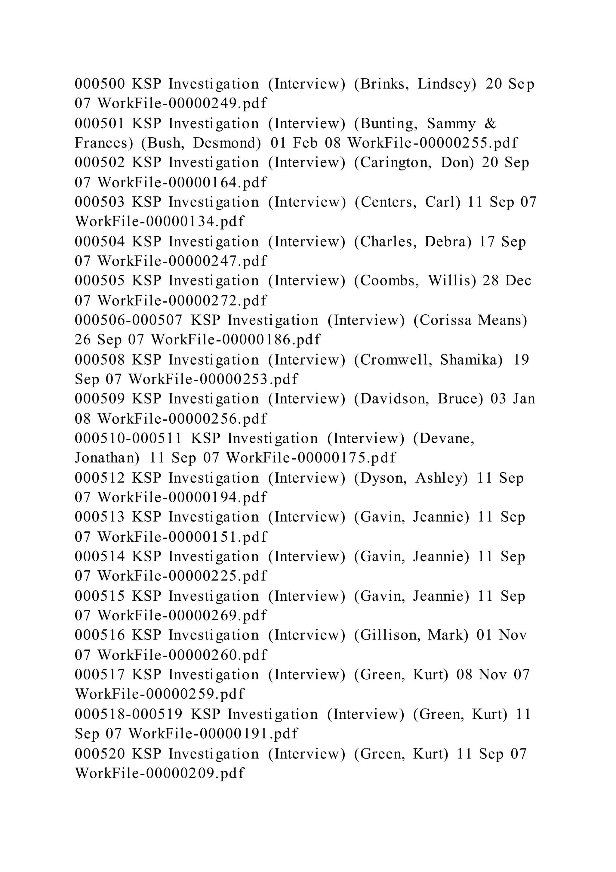 000500 KSP Investigation (Interview) (Brinks, Lindsey) 20 Sep
07 WorkFile-00000249.pdf
000501 KSP Investigation (Interview) (Bunting, Sammy &
Frances) (Bush, Desmond) 01 Feb 08 WorkFile-00000255.pdf
000502 KSP Investigation (Interview) (Carington, Don) 20 Sep
07 WorkFile-00000164.pdf
000503 KSP Investigation (Interview) (Centers, Carl) 11 Sep 07
WorkFile-00000134.pdf
000504 KSP Investigation (Interview) (Charles, Debra) 17 Sep
07 WorkFile-00000247.pdf
000505 KSP Investigation (Interview) (Coombs, Willis) 28 Dec
07 WorkFile-00000272.pdf
000506-000507 KSP Investigation (Interview) (Corissa Means)
26 Sep 07 WorkFile-00000186.pdf
000508 KSP Investigation (Interview) (Cromwell, Shamika) 19
Sep 07 WorkFile-00000253.pdf
000509 KSP Investigation (Interview) (Davidson, Bruce) 03 Jan
08 WorkFile-00000256.pdf
000510-000511 KSP Investigation (Interview) (Devane,
Jonathan) 11 Sep 07 WorkFile-00000175.pdf
000512 KSP Investigation (Interview) (Dyson, Ashley) 11 Sep
07 WorkFile-00000194.pdf
000513 KSP Investigation (Interview) (Gavin, Jeannie) 11 Sep
07 WorkFile-00000151.pdf
000514 KSP Investigation (Interview) (Gavin, Jeannie) 11 Sep
07 WorkFile-00000225.pdf
000515 KSP Investigation (Interview) (Gavin, Jeannie) 11 Sep
07 WorkFile-00000269.pdf
000516 KSP Investigation (Interview) (Gillison, Mark) 01 Nov
07 WorkFile-00000260.pdf
000517 KSP Investigation (Interview) (Green, Kurt) 08 Nov 07
WorkFile-00000259.pdf
000518-000519 KSP Investigation (Interview) (Green, Kurt) 11
Sep 07 WorkFile-00000191.pdf
000520 KSP Investigation (Interview) (Green, Kurt) 11 Sep 07
WorkFile-00000209.pdf
 