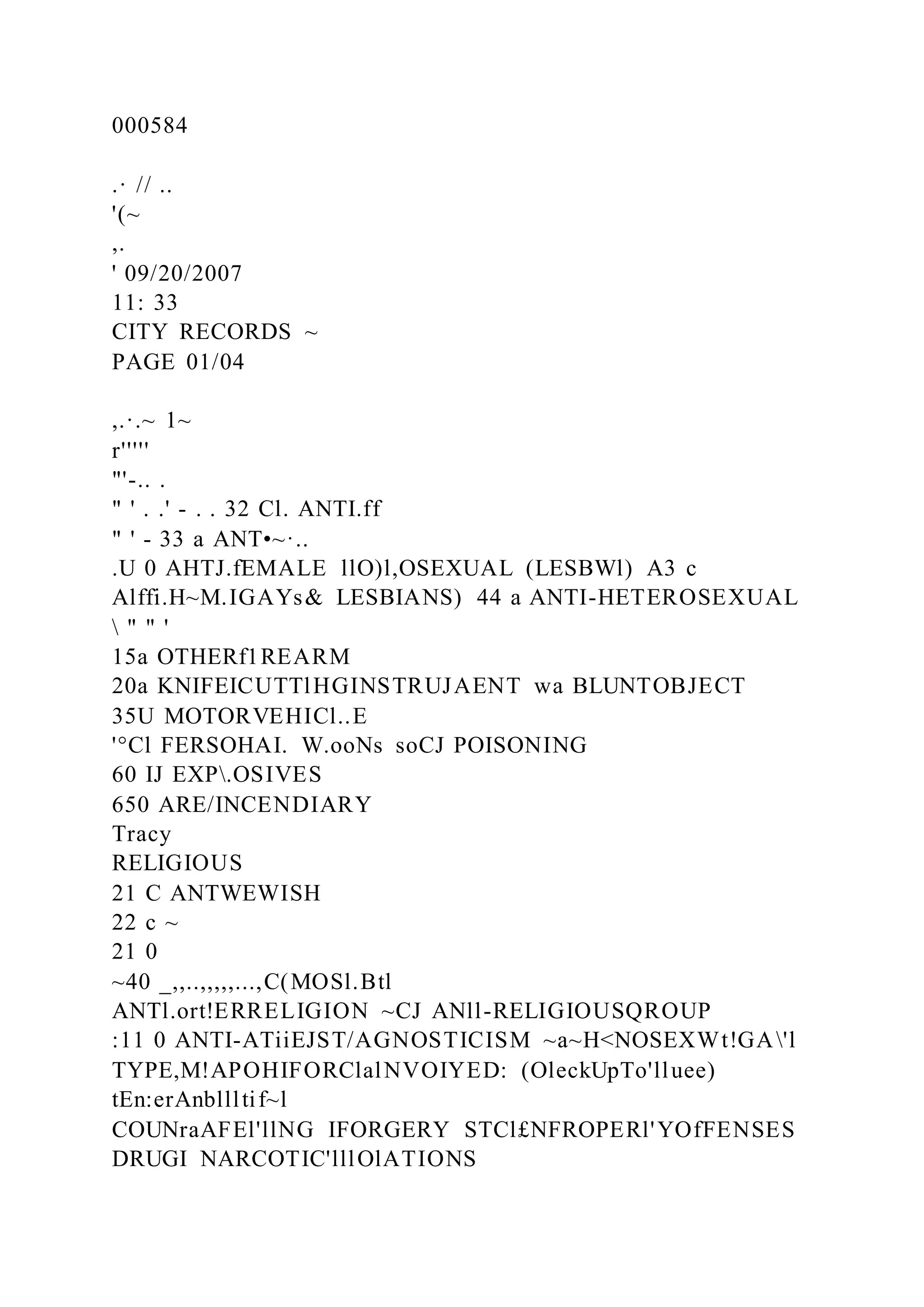 000584
.· // ..
'(~
,.
' 09/20/2007
11: 33
CITY RECORDS ~
PAGE 01/04
,.·.~ 1~
r'''''
"'-.. .
" ' . .' - . . 32 Cl. ANTI.ff
" ' - 33 a ANT•~·..
.U 0 AHTJ.fEMALE llO)l,OSEXUAL (LESBWl) A3 c
Alffi.H~M.IGAYs& LESBIANS) 44 a ANTI-HETEROSEXUAL
 " " '
15a OTHERf1REARM
20a KNIFEICUTTlHGINSTRUJAENT wa BLUNTOBJECT
35U MOTORVEHICl..E
'°Cl FERSOHAI. W.ooNs soCJ POISONING
60 IJ EXP.OSIVES
650 ARE/INCENDIARY
Tracy
RELIGIOUS
21 C ANTWEWISH
22 c ~
21 0
~40 _,,..,,,,,...,C(MOSl.Btl
ANTl.ort!ERRELIGION ~CJ ANll-RELIGIOUSQROUP
:11 0 ANTI-ATiiEJST/AGNOSTICISM ~a~H<NOSEXWt!GA'l
TYPE,M!APOHIFORClalNVOIYED: (OleckUpTo'lluee)
tEn:erAnbllltif~l
COUNraAFEl'llNG IFORGERY STCl£NFROPERl'YOfFENSES
DRUGI NARCOTIC'lllOlATIONS
 