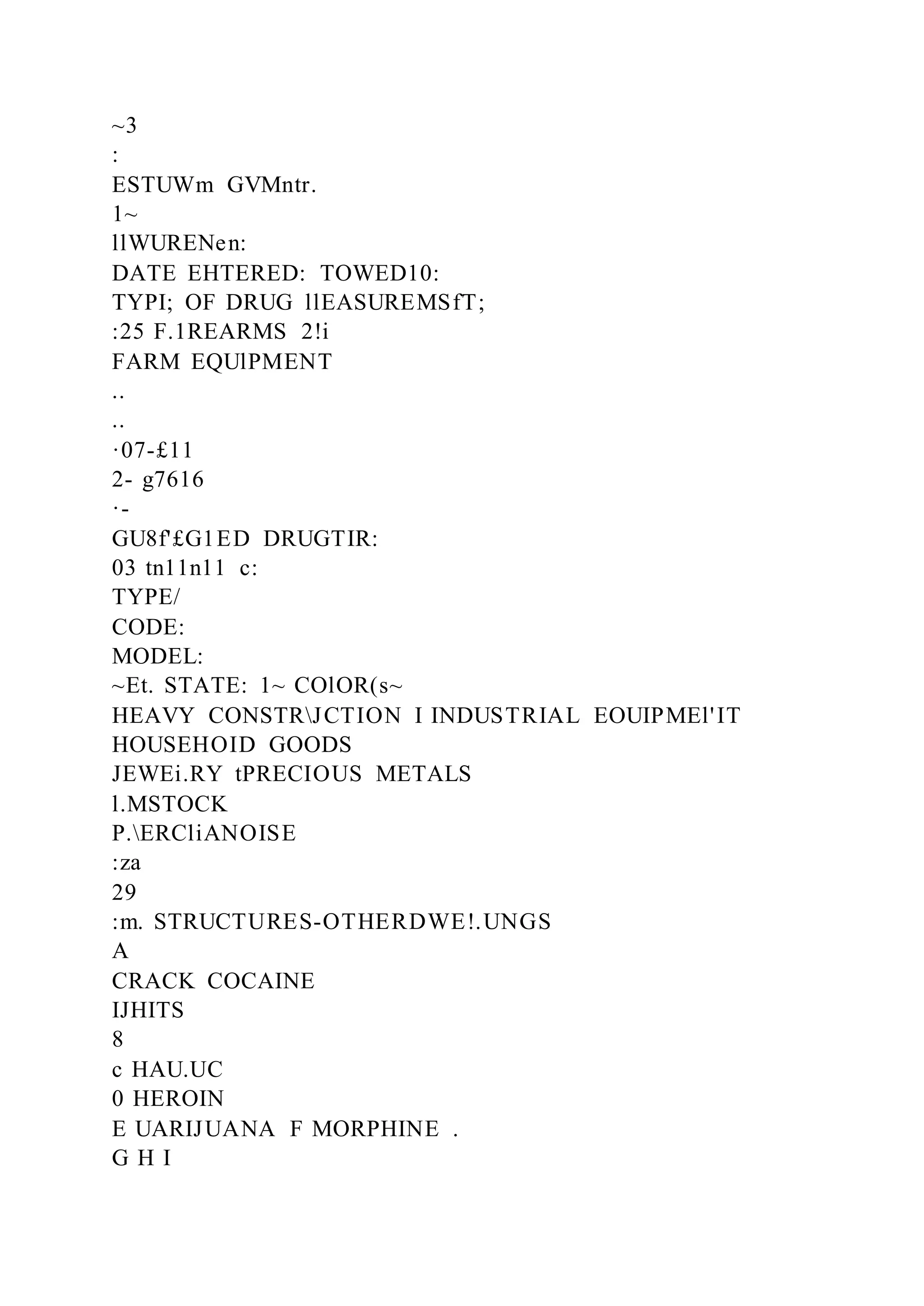 ~3
:
ESTUWm GVMntr.
1~
llWURENen:
DATE EHTERED: TOWED10:
TYPI; OF DRUG llEASUREMSfT;
:25 F.1REARMS 2!i
FARM EQUlPMENT
..
..
·07-£11
2- g7616
·-
GU8f'£G1ED DRUGTIR:
03 tn11n11 c:
TYPE/
CODE:
MODEL:
~Et. STATE: 1~ COlOR(s~
HEAVY CONSTRJCTION I INDUSTRIAL EOUIPMEl'IT
HOUSEHOID GOODS
JEWEi.RY tPRECIOUS METALS
l.MSTOCK
P.ERCliANOISE
:za
29
:m. STRUCTURES-OTHERDWE!.UNGS
A
CRACK COCAINE
IJHITS
8
c HAU.UC
0 HEROIN
E UARIJUANA F MORPHINE .
G H I
 