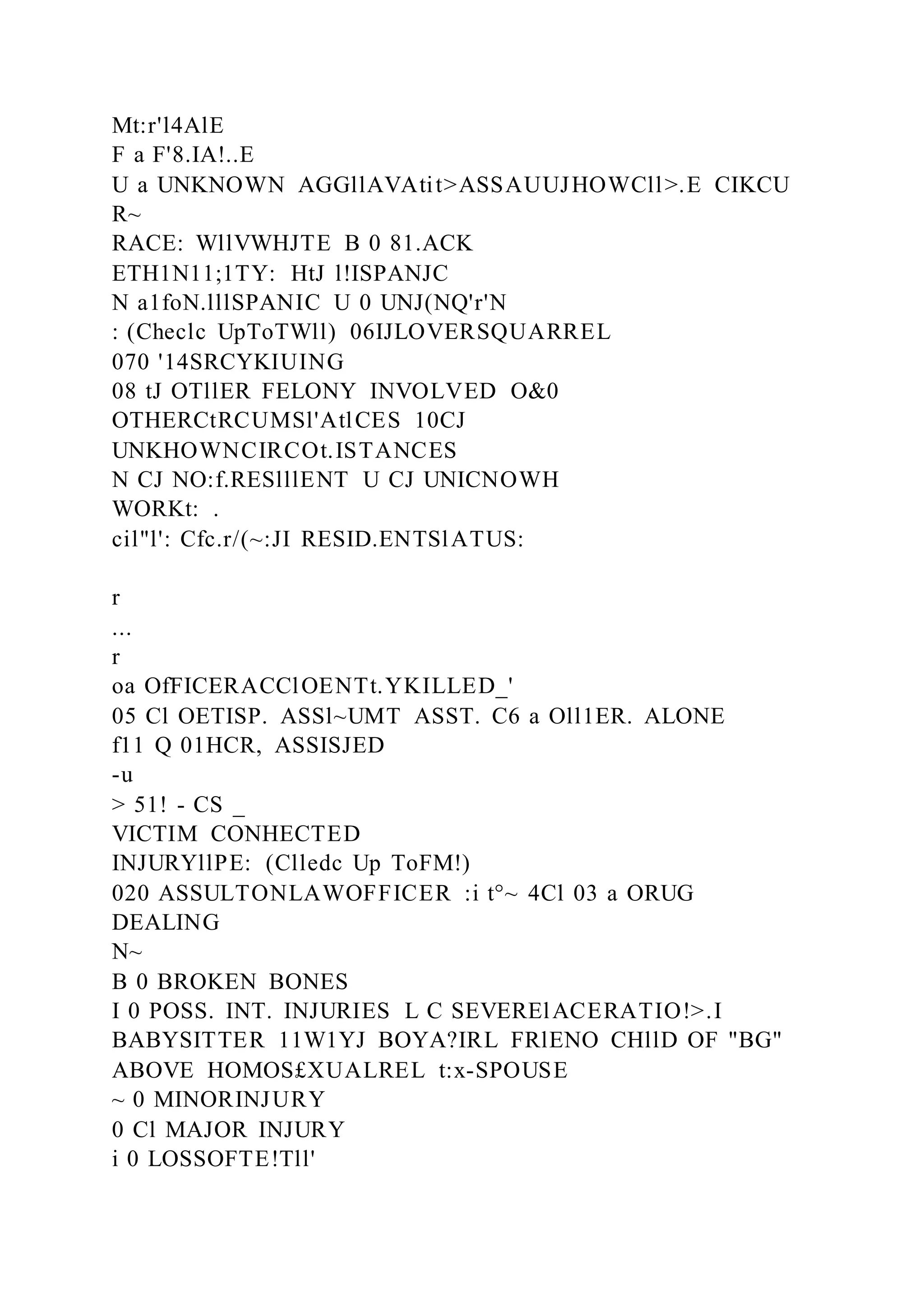 Mt:r'l4AlE
F a F'8.IA!..E
U a UNKNOWN AGGllAVAtit>ASSAUUJHOWCll>.E CIKCU
R~
RACE: WllVWHJTE B 0 81.ACK
ETH1N11;1TY: HtJ l!ISPANJC
N a1foN.lllSPANIC U 0 UNJ(NQ'r'N
: (Checlc UpToTWll) 06IJLOVERSQUARREL
070 '14SRCYKIUING
08 tJ OTllER FELONY INVOLVED O&0
OTHERCtRCUMSl'AtlCES 10CJ
UNKHOWNCIRCOt.ISTANCES
N CJ NO:f.RESlllENT U CJ UNICNOWH
WORKt: .
cil"l': Cfc.r/(~:JI RESID.ENTSlATUS:
r
...
r
oa OfFICERACClOENTt.YKILLED_'
05 Cl OETISP. ASSl~UMT ASST. C6 a Oll1ER. ALONE
f11 Q 01HCR, ASSISJED
-u
> 51! - CS _
VICTIM CONHECTED
INJURYllPE: (Clledc Up ToFM!)
020 ASSULTONLAWOFFICER :i t°~ 4Cl 03 a ORUG
DEALING
N~
B 0 BROKEN BONES
I 0 POSS. INT. INJURIES L C SEVERElACERATIO!>.I
BABYSITTER 11W1YJ BOYA?IRL FRlENO CHllD OF "BG"
ABOVE HOMOS£XUALREL t:x-SPOUSE
~ 0 MINORINJURY
0 Cl MAJOR INJURY
i 0 LOSSOFTE!Tll'
 