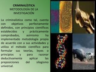CRIMINALÍSTICA
      METODOLOGÍA DE LA
        INVESTIGACIÓN

La criminalística como tal, cuenta
con     objetivos    perfectamente
definidos, con principios científicos
establecidos     y    prácticamente
comprobados,       asimismo        ha
implementado metodología propia
de acuerdo con a sus actividades y
utiliza el método científico para
formular sus teorías, leyes o
principios    y     para     razonar
deductivamente       aplicar       las
preposiciones      del     silogismo
universal.
 