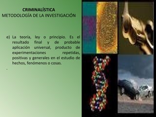 CRIMINALÍSTICA
METODOLOGÍA DE LA INVESTIGACIÓN



 e) La teoría, ley o principio. Es el
    resultado final y de probable
    aplicación universal, producto de
    experimentaciones            repetidas,
    positivas y generales en el estudio de
    hechos, fenómenos o cosas.
 .
 