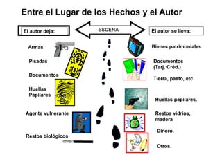 Entre el Lugar de los Hechos y el Autor.
Restos biológicos
El autor se lleva:
Otros.
ESCENA
Armas
Pisadas
Documentos
Huellas
Papilares
Agente vulnerante
Bienes patrimoniales
Documentos
(Tarj. Créd.)
Tierra, pasto, etc.
Huellas papilares.
Dinero.
Restos vidrios,
madera
El autor deja:
 