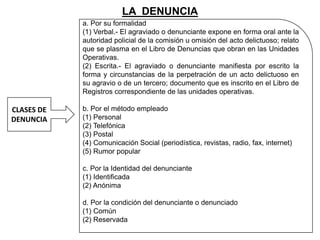 LA DENUNCIA
CLASES DE
DENUNCIA
a. Por su formalidad
(1) Verbal.- El agraviado o denunciante expone en forma oral ante la
autoridad policial de la comisión u omisión del acto delictuoso; relato
que se plasma en el Libro de Denuncias que obran en las Unidades
Operativas.
(2) Escrita.- El agraviado o denunciante manifiesta por escrito la
forma y circunstancias de la perpetración de un acto delictuoso en
su agravio o de un tercero; documento que es inscrito en el Libro de
Registros correspondiente de las unidades operativas.
b. Por el método empleado
(1) Personal
(2) Telefónica
(3) Postal
(4) Comunicación Social (periodística, revistas, radio, fax, internet)
(5) Rumor popular
c. Por la Identidad del denunciante
(1) Identificada
(2) Anónima
d. Por la condición del denunciante o denunciado
(1) Común
(2) Reservada
 