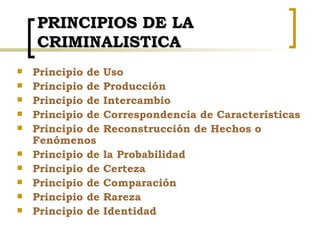 PRINCIPIOS DE LA CRIMINALISTICA <ul><li>Principio de Uso </li></ul><ul><li>Principio de Producción </li></ul><ul><li>Princ...
