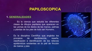 PAPILOSCOPICA
1. GENERALIDADES
• Es la ciencia que estudia las diferentes
clases de dibujos papilares que aparecen en
las yemas de los dedos de las manos, palmas
y plantas de los pies de todo ser Humano.
• Es la disciplina Científica que engloba los
procesos de dactilotecnia, reseña,
clasificación e identificación de los relieves
epidérmicos existentes en la piel de fricción
de manos y pies.
 