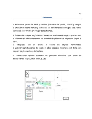 63
Criminalística
1. Realizar la fijación de sitios y sucesos por medio de planos, croquis y dibujos.
2. Efectuar el diseño manual y técnico de las características del lugar, sitio y otros
elementos encontrados en el lugar de los hechos.
3. Elaborar los croquis, según la naturaleza o escenario dónde se produjo el suceso.
4. Proyectar en otras dimensiones las diferentes trayectorias de proyectiles (según el
caso).
5. Interpretar con un diseño a escala los objetos incriminados.
6. Elaborar reproducciones de objetos y otras especies materiales del delito, con
base en las descripciones de testigos.
7. Confeccionar retratos hablados de personas buscadas con apoyo de
descripciones. (López, et al, op.cit, p. 28).
 