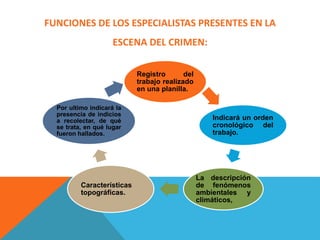 FUNCIONES DE LOS ESPECIALISTAS PRESENTES EN LA
ESCENA DEL CRIMEN:
Registro del
trabajo realizado
en una planilla.
Indicará un orden
cronológico del
trabajo.
La descripción
de fenómenos
ambientales y
climáticos,
Características
topográficas.
Por ultimo indicará la
presencia de indicios
a recolectar, de qué
se trata, en qué lugar
fueron hallados.
 