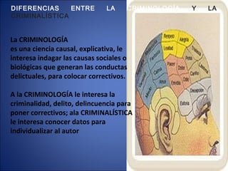 La CRIMINOLOGÍA
es una ciencia causal, explicativa, le
interesa indagar las causas sociales o
biológicas que generan las conductas
delictuales, para colocar correctivos.
A la CRIMINOLOGÍA le interesa la
criminalidad, delito, delincuencia para
poner correctivos; ala CRIMINALÍSTICA
le interesa conocer datos para
individualizar al autor
DIFERENCIAS ENTRE LA CRIMINOLOGÍA Y LA
CRIMINALÍSTICA
 