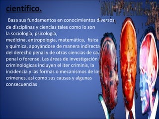 científico.
Basa sus fundamentos en conocimientos diversos
de disciplinas y ciencias tales como lo son
la sociología, psicología,
medicina, antropología, matemática, física
y química, apoyándose de manera indirecta
del derecho penal y de otras ciencias de carácter
penal o forense. Las áreas de investigación
criminológicas incluyen el iter criminis, la
incidencia y las formas o mecanismos de los
crímenes, así como sus causas y algunas
consecuencias
 