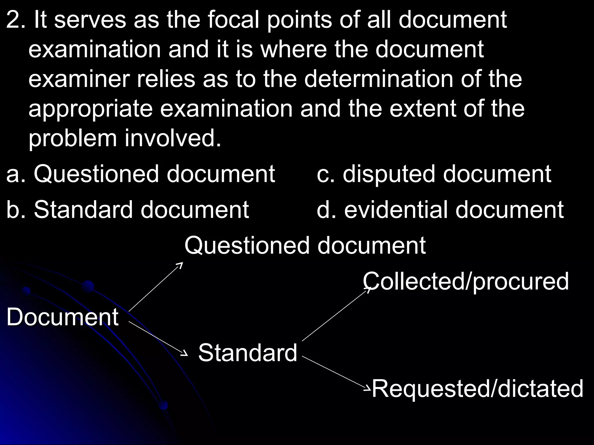 22.. IItt sseerrvveess aass tthhee ffooccaall ppooiinnttss ooff aallll ddooccuummeenntt 
eexxaammiinnaattiioonn aanndd iitt iiss wwhheerree tthhee ddooccuummeenntt 
eexxaammiinneerr rreelliieess aass ttoo tthhee ddeetteerrmmiinnaattiioonn ooff tthhee 
aapppprroopprriiaattee eexxaammiinnaattiioonn aanndd tthhee eexxtteenntt ooff tthhee 
pprroobblleemm iinnvvoollvveedd.. 
aa.. QQuueessttiioonneedd ddooccuummeenntt cc.. ddiissppuutteedd ddooccuummeenntt 
bb.. SSttaannddaarrdd ddooccuummeenntt dd.. eevviiddeennttiiaall ddooccuummeenntt 
QQuueessttiioonneedd ddooccuummeenntt 
CCoolllleecctteedd//pprrooccuurreedd 
DDooccuummeenntt 
SSttaannddaarrdd 
RReeqquueesstteedd//ddiiccttaatteedd 
 