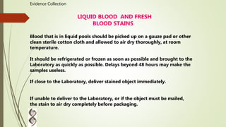 Evidence Collection
LIQUID BLOOD AND FRESH
BLOOD STAINS
Blood that is in liquid pools should be picked up on a gauze pad or other
clean sterile cotton cloth and allowed to air dry thoroughly, at room
temperature.
It should be refrigerated or frozen as soon as possible and brought to the
Laboratory as quickly as possible. Delays beyond 48 hours may make the
samples useless.
If close to the Laboratory, deliver stained object immediately.
If unable to deliver to the Laboratory, or if the object must be mailed,
the stain to air dry completely before packaging.
 