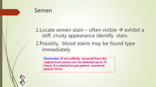 Semen
1.Locate semen stain – often visible  exhibit a
stiff, crusty appearance identify stain.
2.Possibly, blood stains may be found type
immediately
Remember: If not willfully removed from the
vaginal tract semen can be detected up to 72
hours. It is advised to get patient examined
before 72 hrs.
 