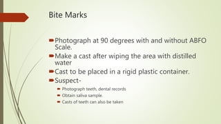 Bite Marks
Photograph at 90 degrees with and without ABFO
Scale.
Make a cast after wiping the area with distilled
water
Cast to be placed in a rigid plastic container.
Suspect-
 Photograph teeth, dental records
 Obtain saliva sample.
 Casts of teeth can also be taken
 