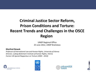 Criminal Justice Sector Reform,
          Prison Conditions and Torture:
     Recent Trends and Challenges in the OSCE
                     Region
                                         UNDP Regional Office
                                    25 June 2012, UNDP Bratislava
Manfred Nowak
Professor of International Law and Human Rights, University of Vienna
Director, Ludwig Boltzmann Institute of Human Rights, Vienna
Former UN Special Rapporteur on Torture (2004 – 2010)
 