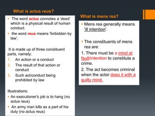 What is actus reus?
What is mens rea?
 The word actus connotes a 'deed'
which is a physical result of human
conduct.
 the word reus means 'forbidden by
law’.
It is made up of three constituent
parts, namely:
1. An action or a conduct
2. The result of that action or
conduct
3. Such act/conduct being
prohibited by law
Illustrations:
 An executioner's job is to hang (no
actus reus)
 An army man kills as a part of his
duty (no actus reus)
 Mens rea generally means
'ill intention'.
 The constituents of mens
rea are:
1. There must be a mind at
fault/intention to constitute a
crime.
2. The act becomes criminal
when the actor does it with a
guilty mind.
 