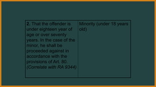 2. That the offender is
under eighteen year of
age or over seventy
years. In the case of the
minor, he shall be
proceeded against in
accordance with the
provisions of Art. 80.
(Correlate with RA 9344)
Minority (under 18 years
old)
 