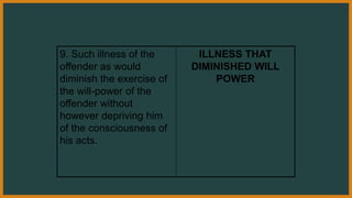 9. Such illness of the
offender as would
diminish the exercise of
the will-power of the
offender without
however depriving him
of the consciousness of
his acts.
ILLNESS THAT
DIMINISHED WILL
POWER
 