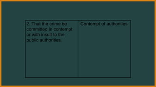 2. That the crime be
committed in contempt
or with insult to the
public authorities.
Contempt of authorities
 