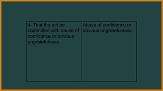 4. That the act be
committed with abuse of
confidence or obvious
ungratefulness.
Abuse of confidence or
obvious ungratefulness
 