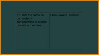 11. That the crime be
committed in
consideration of a price,
reward, or promise.
Price, reward, promise
 