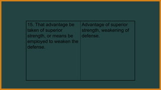 15. That advantage be
taken of superior
strength, or means be
employed to weaken the
defense.
Advantage of superior
strength, weakening of
defense.
 