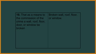 19. That as a means to
the commission of the
crime a wall, roof, floor,
door, or window be
broken
Broken wall, roof, floor,
or window.
 