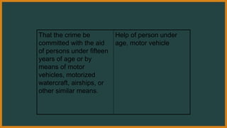 That the crime be
committed with the aid
of persons under fifteen
years of age or by
means of motor
vehicles, motorized
watercraft, airships, or
other similar means.
Help of person under
age, motor vehicle
 
