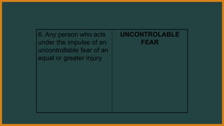 6. Any person who acts
under the impulse of an
uncontrollable fear of an
equal or greater injury
UNCONTROLABLE
FEAR
 