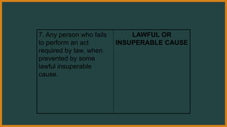 7. Any person who fails
to perform an act
required by law, when
prevented by some
lawful insuperable
cause.
LAWFUL OR
INSUPERABLE CAUSE
 