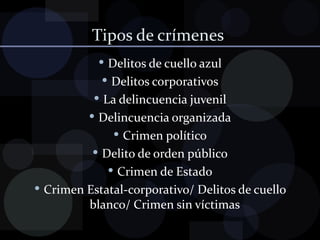 Tipos de crímenes  Delitos de cuello azul Delitos corporativos La delincuencia juvenil Delincuencia organizada Crimen político Delito de orden público Crimen de Estado Crimen Estatal-corporativo/ Delitos de cuello blanco/ Crimen sin víctimas 