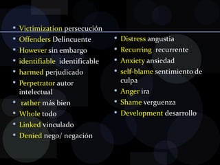Victimization  persecución Offenders  Delincuente However  sin embargo identifiable   identificable harmed  perjudicado Perpetrator  autor intelectual rather  más bien Whole  todo Linked  vinculado Denied  nego/ negación  Distress  angustia Recurring  recurrente Anxiety  ansiedad self-blame  sentimiento de culpa Anger  ira Shame  verguenza   Development  desarrollo 