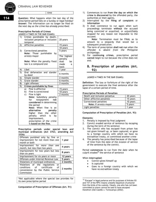 CRIMINAL LAW REVIEWER
114
time
Question: What happens when the last day of the
prescriptive period falls on a Sunday or legal holiday?
Answer: The information can no longer be filed on
the next day as the crime has already prescribed.
Prescriptive Periods of Crimes
(ASKED 4 TIMES IN THE BAR EXAMS)
1) Crimes punishable by death,
reclusion perpetua or reclusion
temporal
20 years
2) Afflictive penalties 15 years
3) Correctional penalties
Note: Those punishable by
arresto mayor
Note: When the penalty fixed
law is a compound one
10 years
5 years
The highest
penalty
shall be
made a
basis
4) Libel 1 year
5) Oral defamation and slander
by deed
6 months
6) Simple slander 2 months
7) Grave slander 6 months
8) Light offenses 2 months
9) Crimes punishable by fines
a) Fine is afflictive
b) Fine is correctional
c) Fine is light
Note: Subsidiary penalty
for nonpayment not
considered in determining
the period
Note: When fine is an
alternative penalty
higher than the other
penalty which is by
imprisonment,
prescription of the crime
is based on the fine.
15 years
10 years
2 months
Prescriptive periods under special laws and
municipal ordinances (Act 3763, amending Act
3326)
Offenses punished only by fine or
imprisonment for not more than one
month or both
1 year
Imprisonment for more than one
month, but less than two years
4 years
Imprisonment for two years but less
than six years
8 years
Imprisonment for six years or more 12 years
Offenses under Internal Revenue Law 5 years
Violations of municipal ordinances 2 months
Violations of the regulations or
conditions of certificate of
convenience by the Public Service
Commission
2 months
*Not applicable where the special law provides for
its own prescriptive period
Computation of Prescription of Offenses (Art. 91)
1) Commences to run from the day on which the
crime is discovered by the offended party, the
authorities or their agents.
2) Interrupted by the filing of complaint or
information
3) It shall commence to run again when such
proceedings terminate without the accused
being convicted or acquitted, or unjustifiably
stopped for any reason not imputable to the
accused.
Note: Termination must be FINAL as to
amount to a jeopardy that would bar a
subsequent prosecution.
4) The term of prescription shall not run when the
offender is absent from the Philippine
archipelago.
5) For continuing crimes, prescriptive period
cannot begin to run because the crime does not
end.
B. Prescription of penalties (Art.
92)
(ASKED 4 TIMES IN THE BAR EXAMS)
Definition: The loss or forfeiture of the right of the
government to execute the final sentence after the
lapse of a certain period of time.
Prescriptive Periods of Penalties
Death and reclusion perpetua 20 years
Other afflictive penalties 15 years
Correctional penalties
Note: If arresto mayor
10 years
5 years
Light penalties 1 year
Computation of Prescription of Penalties (Art. 93)
Elements:
1. Penalty is imposed by final judgment
2. Convict evaded service of sentence by escaping
during the term of his sentence
3. The convict who has escaped from prison has
not given himself up, or been captured, or gone
to a foreign country with which we have no
extradition treaty, or committed another crime
4. The penalty has prescribed because of the lapse
of time from the date of the evasion of service
of the sentence by the convict.
Period commences to run from the date when he
culprit evaded18
the service of sentence
When interrupted:
 Convict gives himself up
 Is captured
 Goes to a foreign country with which we
have no extradition treaty
18
"Escape" in legal parlance and for purposes of Articles 93
and 157 of the RPC means unlawful departure of prisoner
from the limits of his custody. Clearly, one who has not been
committed to prison cannot be said to have escaped
therefrom (Del Castillo v. Torrecampo (2002).
 