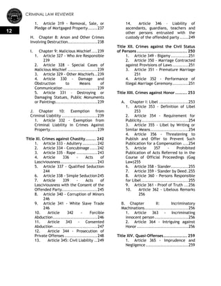 CRIMINAL LAW REVIEWER
12
1. Article 319 - Removal, Sale, or
Pledge of Mortgaged Property ......237
H. Chapter 8: Arson and Other Crimes
Involving Destruction....................238
I. Chapter 9: Malicious Mischief....239
1. Article 327 - Who Are Responsible
239
2. Article 328 - Special Cases of
Malicious Mischief ....................239
3. Article 329 - Other Mischiefs..239
4. Article 330 - Damage and
Obstruction to Means of
Communication .......................239
5. Article 331 – Destroying or
Damaging Statues, Public Monuments
or Paintings............................239
J. Chapter 10: Exemption from
Criminal Liability ........................239
1. Article 332 - Exemption from
Criminal Liability in Crimes Against
Property................................239
Title XI. Crimes against Chastity....... 242
1. Article 333 - Adultery ..........242
2. Article 334 - Concubinage .....242
3. Article 335 – Rape ..............243
4. Article 336 - Acts of
Lasciviousness.........................243
5. Article 337 - Qualified Seduction
244
6. Article 338 - Simple Seduction245
7. Article 339 - Acts of
Lasciviousness with the Consent of the
Offended Party........................245
8. Article 340 - Corruption of Minors
246
9. Article 341 - White Slave Trade
246
10. Article 342 - Forcible
Abduction..............................246
11. Article 343 - Consented
Abduction..............................247
12. Article 344 - Prosecution of
Private Offenses ......................248
13. Article 345: Civil Liability ..249
14. Article 346 – Liability of
ascendants, guardians, teachers and
other persons entrusted with the
custody of the offended party ......249
Title XII. Crimes against the Civil Status
of Persons .................................. 250
1. Article 349 - Bigamy ............251
2. Article 350 - Marriage Contracted
against Provisions of Laws ...........251
3. Article 351 - Premature Marriage
251
4. Article 352 - Performance of
Illegal Marriage Ceremony...........251
Title XIII. Crimes against Honor ........ 253
A. Chapter I: Libel ....................253
1. Article 353 - Definition of Libel
253
2. Article 354 - Requirement for
Publicity................................254
3. Article 355 - Libel by Writing or
Similar Means..........................254
4. Article 356 - Threatening to
Publish and Offer to Prevent Such
Publication for a Compensation ....254
5. Article 357 - Prohibited
Publication of Acts Referred to in the
Course of Official Proceedings (Gag
Law)255
6. Article 358 - Slander............255
7. Article 359 - Slander by Deed .255
8. Article 360 - Persons Responsible
for Libel ................................255
9. Article 361 - Proof of Truth ...256
10. Article 362 - Libelous Remarks
256
B. Chapter II: Incriminatory
Machinations..............................256
1. Article 363 - Incriminating
innocent person.......................256
2. Article 364 - Intriguing against
Honor ...................................256
Title XIV. Quasi-Offenses................ 259
1. Article 365 - Imprudence and
Negligence .............................259
 
