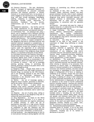 CRIMINAL LAW REVIEWER
130
(d) Chemical Diversion. – The sale, distribution,
supply or transport of legitimately imported, in-
transit, manufactured or procured controlled
precursors and essential chemicals, in diluted,
mixtures or in concentrated form, to any person or
entity engaged in the manufacture of any dangerous
drug, and shall include packaging, repackaging,
labeling, relabeling or concealment of such
transaction through fraud, destruction of
documents, fraudulent use of permits,
misdeclaration, use of front companies or mail
fraud.
(e) Clandestine Laboratory. – Any facility used for
the illegal manufacture of any dangerous drug
and/or controlled precursor and essential chemical.
(f) Confirmatory Test. – An analytical test using a
device, tool or equipment with a different chemical
or physical principle that is more specific which will
validate and confirm the result of the screening test.
(g) Controlled Delivery. – The investigative technique
of allowing an unlawful or suspect consignment of
any dangerous drug and/or controlled precursor and
essential chemical, equipment or paraphernalia, or
property believed to be derived directly or indirectly
from any offense, to pass into, through or out of the
country under the supervision of an authorized
officer, with a view to gathering evidence to identify
any person involved in any dangerous drugs related
offense, or to facilitate prosecution of that offense.
(h) Controlled Precursors and Essential Chemicals. –
Include those listed in Tables I and II of the 1988 UN
Convention Against Illicit Traffic in Narcotic Drugs
and Psychotropic Substances as enumerated in the
attached annex, which is an integral part of this Act.
(i) Cultivate or Culture. – Any act of knowingly
planting, growing, raising, or permitting the
planting, growing or raising of any plant which is the
source of a dangerous drug.
(j) Dangerous Drugs. – Include those listed in the
Schedules annexed to the 1961 Single Convention on
Narcotic Drugs, as amended by the 1972 Protocol,
and in the Schedules annexed to the 1971 Single
Convention on Psychotropic Substances as
enumerated in the attached annex which is an
integral part of this Act.
(k) Deliver. – Any act of knowingly passing a
dangerous drug to another, personally or otherwise,
and by any means, with or without consideration.
(l) Den, Dive or Resort. – A place where any
dangerous drug and/or controlled precursor and
essential chemical is administered, delivered, stored
for illegal purposes, distributed, sold or used in any
form.
(m) Dispense. – Any act of giving away, selling or
distributing medicine or any dangerous drug with or
without the use of prescription.
(n) Drug Dependence. – As based on the World
Health Organization definition, it is a cluster of
physiological, behavioral and cognitive phenomena
of variable intensity, in which the use of
psychoactive drug takes on a high priority thereby
involving, among others, a strong desire or a sense
of compulsion to take the substance and the
difficulties in controlling substance-taking behavior
in terms of its onset, termination, or levels of use.
(o) Drug Syndicate. – Any organized group of two (2)
or more persons forming or joining together with the
intention of committing any offense prescribed
under this Act.
(p) Employee of Den, Dive or Resort. – The
caretaker, helper, watchman, lookout, and other
persons working in the den, dive or resort, employed
by the maintainer, owner and/or operator where any
dangerous drug and/or controlled precursor and
essential chemical is administered, delivered,
distributed, sold or used, with or without
compensation, in connection with the operation
thereof.
(q) Financier. – Any person who pays for, raises or
supplies money for, or underwrites any of the illegal
activities prescribed under this Act.
(r) Illegal Trafficking. – The illegal cultivation,
culture, delivery, administration, dispensation,
manufacture, sale, trading, transportation,
distribution, importation, exportation and possession
of any dangerous drug and/or controlled precursor
and essential chemical.
(s) Instrument. – Any thing that is used in or
intended to be used in any manner in the
commission of illegal drug trafficking or related
offenses.
(t) Laboratory Equipment. – The paraphernalia,
apparatus, materials or appliances when used,
intended for use or designed for use in the
manufacture of any dangerous drug and/or
controlled precursor and essential chemical, such as
reaction vessel, preparative/purifying equipment,
fermentors, separatory funnel, flask, heating
mantle, gas generator, or their substitute.
(u) Manufacture. – The production, preparation,
compounding or processing of any dangerous drug
and/or controlled precursor and essential chemical,
either directly or indirectly or by extraction from
substances of natural origin, or independently by
means of chemical synthesis or by a combination of
extraction and chemical synthesis, and shall include
any packaging or repackaging of such substances,
design or configuration of its form, or labeling or
relabeling of its container; except that such terms
do not include the preparation, compounding,
packaging or labeling of a drug or other substances
by a duly authorized practitioner as an incident to
his/her administration or dispensation of such drug
or substance in the course of his/her professional
practice including research, teaching and chemical
analysis of dangerous drugs or such substances that
are not intended for sale or for any other purpose.
(v) Cannabis or commonly known as "Marijuana" or
"Indian Hemp" or by its any other name. – Embraces
every kind, class, genus, or specie of the plant
Cannabis sativa L. including, but not limited to,
Cannabis americana, hashish, bhang, guaza, churrus
and ganjab, and embraces every kind, class and
character of marijuana, whether dried or fresh and
flowering, flowering or fruiting tops, or any part or
portion of the plant and seeds thereof, and all its
geographic varieties, whether as a reefer, resin,
extract, tincture or in any form whatsoever.
(w) Methylenedioxymethamphetamine (MDMA) or
commonly known as "Ecstasy", or by its any other
name. – Refers to the drug having such chemical
composition, including any of its isomers or
derivatives in any form.
 
