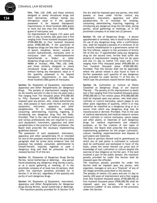 CRIMINAL LAW REVIEWER
134
PMA, TMA, LSD, GHB, and those similarly
designed or newly introduced drugs and
their derivatives, without having any
therapeutic value or if the quantity
possessed is far beyond therapeutic
requirements; or three hundred (300) grams
or more but less than five (hundred) 500)
grams of marijuana; and
(3) Imprisonment of twelve (12) years and
one (1) day to twenty (20) years and a fine
ranging from Three hundred thousand pesos
(P300,000.00) to Four hundred thousand
pesos (P400,000.00), if the quantities of
dangerous drugs are less than five (5) grams
of opium, morphine, heroin, cocaine or
cocaine hydrochloride, marijuana resin or
marijuana resin oil, methamphetamine
hydrochloride or "shabu", or other
dangerous drugs such as, but not limited to,
MDMA or "ecstasy", PMA, TMA, LSD, GHB,
and those similarly designed or newly
introduced drugs and their derivatives,
without having any therapeutic value or if
the quantity possessed is far beyond
therapeutic requirements; or less than
three hundred (300) grams of marijuana.
Section 12. Possession of Equipment, Instrument,
Apparatus and Other Paraphernalia for Dangerous
Drugs. - The penalty of imprisonment ranging from
six (6) months and one (1) day to four (4) years and a
fine ranging from Ten thousand pesos (P10,000.00)
to Fifty thousand pesos (P50,000.00) shall be
imposed upon any person, who, unless authorized by
law, shall possess or have under his/her control any
equipment, instrument, apparatus and other
paraphernalia fit or intended for smoking,
consuming, administering, injecting, ingesting, or
introducing any dangerous drug into the body:
Provided, That in the case of medical practitioners
and various professionals who are required to carry
such equipment, instrument, apparatus and other
paraphernalia in the practice of their profession, the
Board shall prescribe the necessary implementing
guidelines thereof.
The possession of such equipment, instrument,
apparatus and other paraphernalia fit or intended
for any of the purposes enumerated in the preceding
paragraph shall be prima facie evidence that the
possessor has smoked, consumed, administered to
himself/herself, injected, ingested or used a
dangerous drug and shall be presumed to have
violated Section 15 of this Act.
Section 13. Possession of Dangerous Drugs During
Parties, Social Gatherings or Meetings. – Any person
found possessing any dangerous drug during a party,
or at a social gathering or meeting, or in the
proximate company of at least two (2) persons, shall
suffer the maximum penalties provided for in
Section 11 of this Act, regardless of the quantity and
purity of such dangerous drugs.
Section 14. Possession of Equipment, Instrument,
Apparatus and Other Paraphernalia for Dangerous
Drugs During Parties, Social Gatherings or Meetings.
- The maximum penalty provided for in Section 12 of
this Act shall be imposed upon any person, who shall
possess or have under his/her control any
equipment, instrument, apparatus and other
paraphernalia fit or intended for smoking,
consuming, administering, injecting, ingesting, or
introducing any dangerous drug into the body, during
parties, social gatherings or meetings, or in the
proximate company of at least two (2) persons.
Section 15. Use of Dangerous Drugs. – A person
apprehended or arrested, who is found to be positive
for use of any dangerous drug, after a confirmatory
test, shall be imposed a penalty of a minimum of six
(6) months rehabilitation in a government center for
the first offense, subject to the provisions of Article
VIII of this Act. If apprehended using any dangerous
drug for the second time, he/she shall suffer the
penalty of imprisonment ranging from six (6) years
and one (1) day to twelve (12) years and a fine
ranging from Fifty thousand pesos (P50,000.00) to
Two hundred thousand pesos (P200,000.00):
Provided, That this Section shall not be applicable
where the person tested is also found to have in
his/her possession such quantity of any dangerous
drug provided for under Section 11 of this Act, in
which case the provisions stated therein shall apply.
Section 16. Cultivation or Culture of Plants
Classified as Dangerous Drugs or are Sources
Thereof. - The penalty of life imprisonment to death
and a fine ranging from Five hundred thousand pesos
(P500,000.00) to Ten million pesos (P10,000,000.00)
shall be imposed upon any person, who shall plant,
cultivate or culture marijuana, opium poppy or any
other plant regardless of quantity, which is or may
hereafter be classified as a dangerous drug or as a
source from which any dangerous drug may be
manufactured or derived: Provided, That in the case
of medical laboratories and medical research centers
which cultivate or culture marijuana, opium poppy
and other plants, or materials of such dangerous
drugs for medical experiments and research
purposes, or for the creation of new types of
medicine, the Board shall prescribe the necessary
implementing guidelines for the proper cultivation,
culture, handling, experimentation and disposal of
such plants and materials.
The land or portions thereof and/or greenhouses on
which any of said plants is cultivated or cultured
shall be confiscated and escheated in favor of the
State, unless the owner thereof can prove lack of
knowledge of such cultivation or culture despite the
exercise of due diligence on his/her part. If the land
involved is part of the public domain, the maximum
penalty provided for under this Section shall be
imposed upon the offender.
The maximum penalty provided for under this
Section shall be imposed upon any person, who
organizes, manages or acts as a "financier" of any of
the illegal activities prescribed in this Section.
The penalty of twelve (12) years and one (1) day to
twenty (20) years of imprisonment and a fine ranging
from One hundred thousand pesos (P100,000.00) to
Five hundred thousand pesos (P500,000.00) shall be
imposed upon any person, who acts as a
"protector/coddler" of any violator of the provisions
under this Section.
 