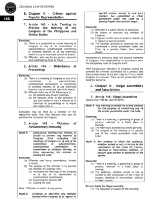 CRIMINAL LAW REVIEWER
166
B. Chapter II - Crimes against
Popular Representation
1. Article 143 - Acts Tending to
Prevent the Meeting of the
Congress of the Philippines and
Similar Bodies
Elements:
(1) There is a projected or actual meeting of
Congress or any of its committees or
subcommittees, constitutional committees
or divisions thereof, or of any provincial
board or city or municipal council or board;
(2) Offender, who may be any person, prevents
such meetings by force or fraud.
2. Article 144 - Disturbance of
Proceedings
Elements:
(1) There is a meeting of Congress or any of its
committees or subcommittees,
constitutional commissions or committees
or divisions thereof, or of any provincial
board or city or municipal council or board;
(2) Offender does any of the following acts:
(a) He disturbs any of such meetings;
(b) He behaves while in the presence of
any such bodies in such a manner as to
interrupt its proceedings or to impair
the respect due it.
Complaint may be filed by a member of the
legislative body. One who disturbs may also be
punished for contempt by Congress.
3. Article 145 - Violation of
Parliamentary Immunity
Mode 1: Using force, intimidation, threats, or
frauds to prevent any member of
Congress from attending the
meetings of Congress or of any of its
committees or subcommittees,
constitutional commissions or
committees or divisions thereof, or
from expressing his opinion or
casting his vote;
Elements:
(1) Offender uses force, intimidation, threats
or fraud;
(2) The purpose of the offender is to prevent
any member of Congress from:
(a) Attending the meetings of the Congress
or of any of its committees or
constitutional commissions;
(b) Expressing his opinion; OR
(c) Casting his vote.
Note: Offender in mode 1 is any person
Mode 2: Arresting or searching any member
thereof while Congress is in regular or
special session, except in case such
member has committed a crime
punishable under the Code by a
penalty higher than prision mayor.
Elements:
(1) Offender is a public officer of employee;
(2) He arrests or searches any member of
Congress;
(3) Congress, at the time of arrest or search, is
in regular or special session;
(4) The member arrested or searched has not
committed a crime punishable under the
Code by a penalty higher than prision
mayor.
Parliamentary immunity does not protect members
of Congress from responsibility in accordance with
the disciplinary rules of Congress itself.
1987 Constitution: Members of Congress cannot be
arrested for offenses punishable by a penalty less
than prision mayor (6 yrs and 1 day to 12 yrs), while
Congress is in session. They can be prosecuted after
Congress adjourns.
C. Chapter III – Illegal Assemblies
and Associations
1. Article 146 - Illegal Assemblies
(asked once 1983-86) (See RA 8294)
Mode 1: Any meeting attended by armed persons
for the purpose of committing any of
the crimes punishable under the Code;
Elements:
(1) There is a meeting, a gathering or group of
persons, whether in a fixed place or
moving;
(2) The meeting is attended by armed persons;
(3) The purpose of the meeting is to commit
any of the crimes punishable under the
Code.
Mode 2: Any meeting in which the audience,
whether armed or not, is incited to the
commission of the crime of treason,
rebellion or insurrection, sedition, or
assault upon person in authority or his
agents.
Elements:
(1) There is a meeting, a gathering or group of
persons, whether in a fixed place or
moving;
(2) The audience, whether armed or not, is
incited to the commission of the crime of
treason, rebellion or insurrection, sedition
or direct assault.
Persons liable for illegal assembly:
(1) The organizer or leaders of the meeting;
 