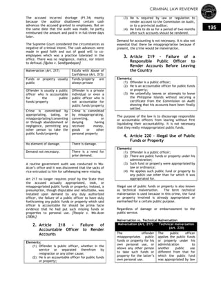CRIMINAL LAW REVIEWER
195
The accused incurred shortage (P1.74) mainly
because the auditor disallowed certain cash
advances the accused granted to employees. But on
the same date that the audit was made, he partly
reimbursed the amount and paid it in full three days
later.
The Supreme Court considered the circumstances as
negative of criminal intent. The cash advances were
made in good faith and out of good will to co-
employees which was a practice tolerated in the
office. There was no negligence, malice, nor intent
to defraud. [Quizo v. Sandiganbayan]
Malversation (Art. 217) Estafa with Abuse of
Confidence (Art. 315)
Funds or property usually
public
Funds/property are
always private
Offender is usually a public
officer who is accountable
for the public
funds/property
Offender is a private
individual or even a
public officer who is
not accountable for
public funds/property
Crime is committed by
appropriating, taking, or
misappropriating/consenting
or through abandonment or
negligence, permitting any
other person to take the
public funds/property
Crime is committed
by misappropriating,
converting, or
denying having
received money,
goods or other
personal property
No element of damage. There is damage.
Demand not necessary. There is a need for
prior demand.
A routine government audit was conducted in Wa-
Acon‘s office and it was discovered that the sacks of
rice entrusted to him for safekeeping were missing.
Art 217 no longer requires proof by the State that
the accused actually appropriated, took, or
misappropriated public funds or property; instead, a
presumption, though disputable and rebuttable, was
installed upon demand by any duly authorized
officer, the failure of a public officer to have duly
forthcoming any public funds or property which said
officer is accountable for should be prima facie
evidence that he had put such missing funds or
properties to personal use. [People v. Wa-Acon
(2006)]
2. Article 218 - Failure of
Accountable Officer to Render
Accounts
Elements:
(1) Offender is public officer, whether in the
service or separated therefrom by
resignation or any other cause;
(2) He is an accountable officer for public funds
or property;
(3) He is required by law or regulation to
render account to the Commission on Audit,
or to a provincial auditor;
(4) He fails to do so for a period of two months
after such accounts should be rendered.
Demand for accounting is not necessary. It is also not
essential that there be misappropriation because if
present, the crime would be malversation.
3. Article 219 - Failure of a
Responsible Public Officer to
Render Accounts Before Leaving
the Country
Elements:
(1) Offender is a public officer;
(2) He is an accountable officer for public funds
or property;
(3) He unlawfully leaves or attempts to leave
the Philippine Islands without securing a
certificate from the Commission on Audit
showing that his accounts have been finally
settled.
The purpose of the law is to discourage responsible
or accountable officers from leaving without first
liquidating their accountability. It is not necessary
that they really misappropriated public funds.
4. Article 220 - Illegal Use of Public
Funds or Property
Elements:
(1) Offender is a public officer;
(2) There are public funds or property under his
administration;
(3) Such fund or property were appropriated by
law or ordinance;
(4) He applies such public fund or property to
any public use other than for which it was
appropriated for.
Illegal use of public funds or property is also known
as technical malversation. The term technical
malversation is used because in this crime, the fund
or property involved is already appropriated or
earmarked for a certain public purpose.
Regardless of damage or embarrassment to the
public service.
Malversation vs. Technical Malversation
Malversation (Art. 217) Technical malversation
(Art. 220)
The offender
misappropriates public
funds or property for his
own personal use, or
allows any other person
to take such funds or
property for the latter‘s
own personal use.
The public officer
applies the public funds
or property under his
administration to
another public use
different from that for
which the public fund
was appropriated by law
 